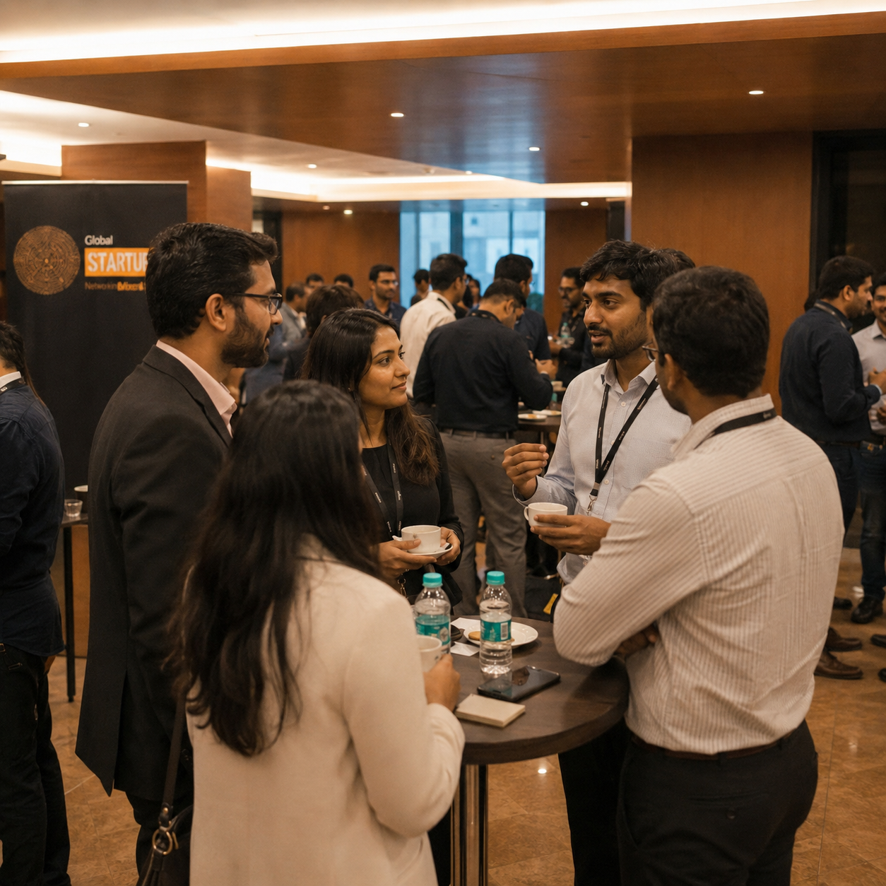 Founders having a focused networking conversation